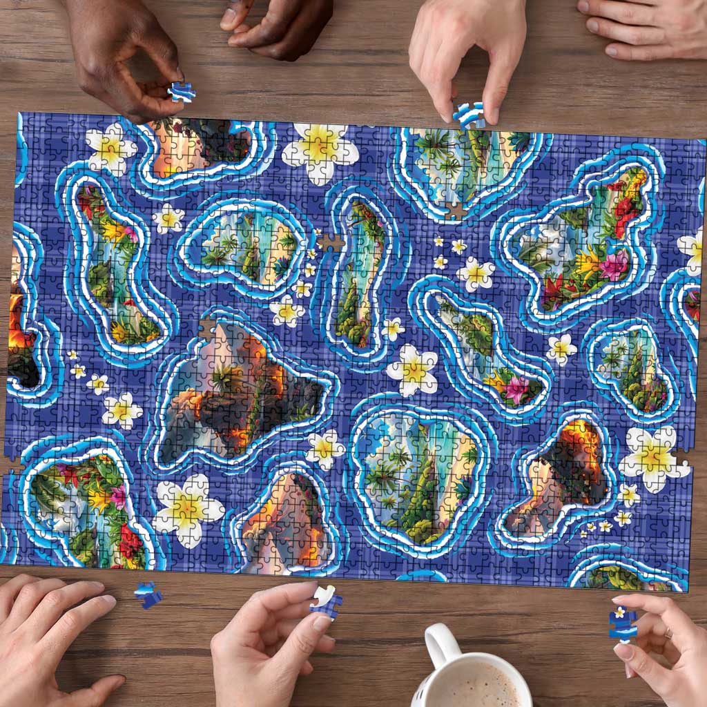 Hawaiian Island Shapes-Iconic Landscape Puzzle with Plumeria and Palaka Blue Color