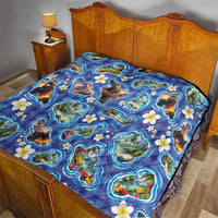 Hawaiian Island Shapes-Iconic Landscape Quilt with Plumeria and Palaka Blue Color