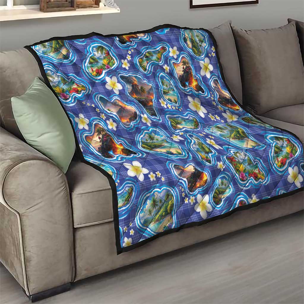 Hawaiian Island Shapes-Iconic Landscape Quilt with Plumeria and Palaka Blue Color