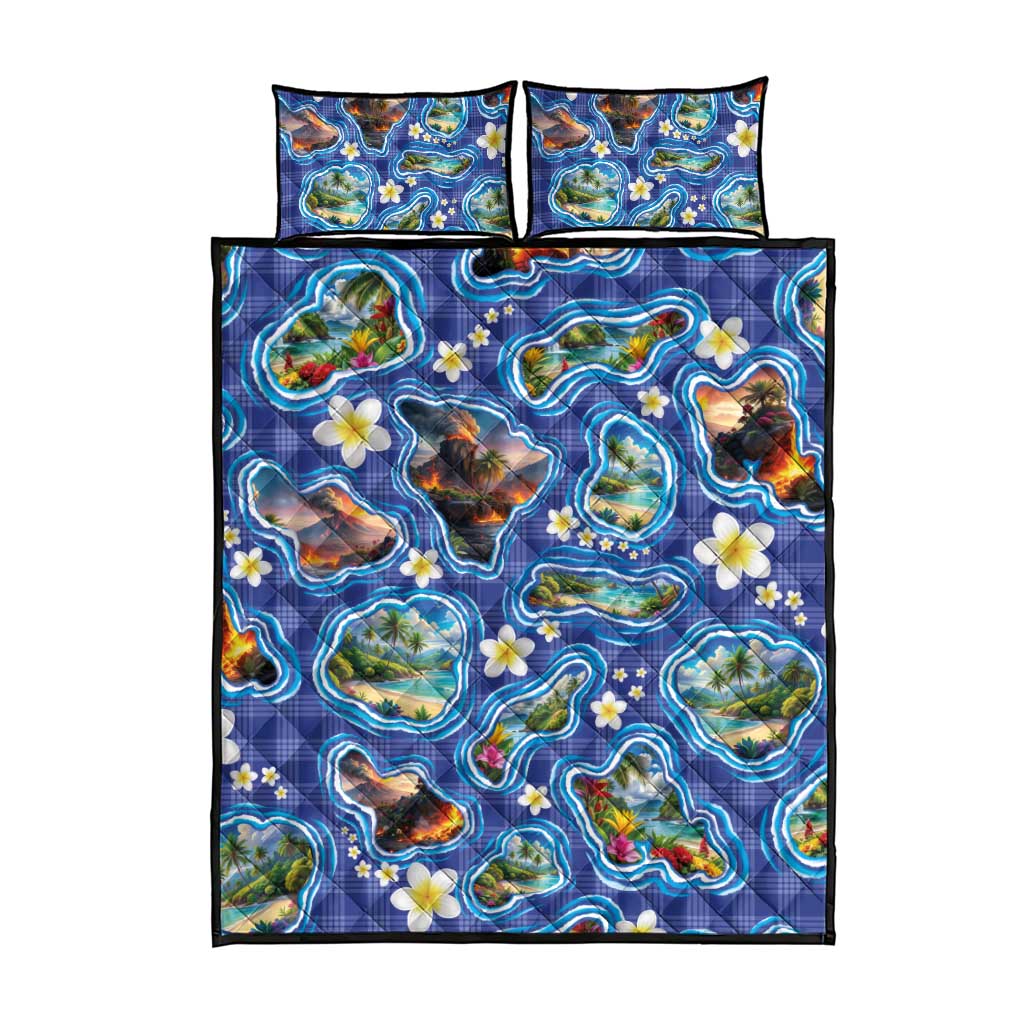 Hawaiian Island Shapes-Iconic Landscape Quilt Bed Set with Plumeria and Palaka Blue Color