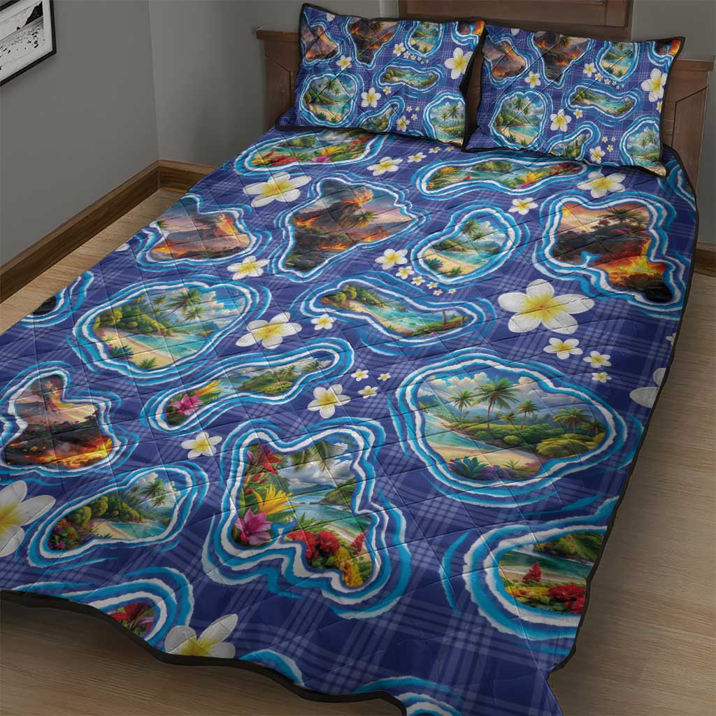 Hawaiian Island Shapes-Iconic Landscape Quilt Bed Set with Plumeria and Palaka Blue Color
