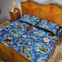 Hawaiian Island Shapes-Iconic Landscape Quilt Bed Set with Plumeria and Palaka Blue Color