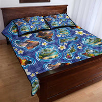 Hawaiian Island Shapes-Iconic Landscape Quilt Bed Set with Plumeria and Palaka Blue Color
