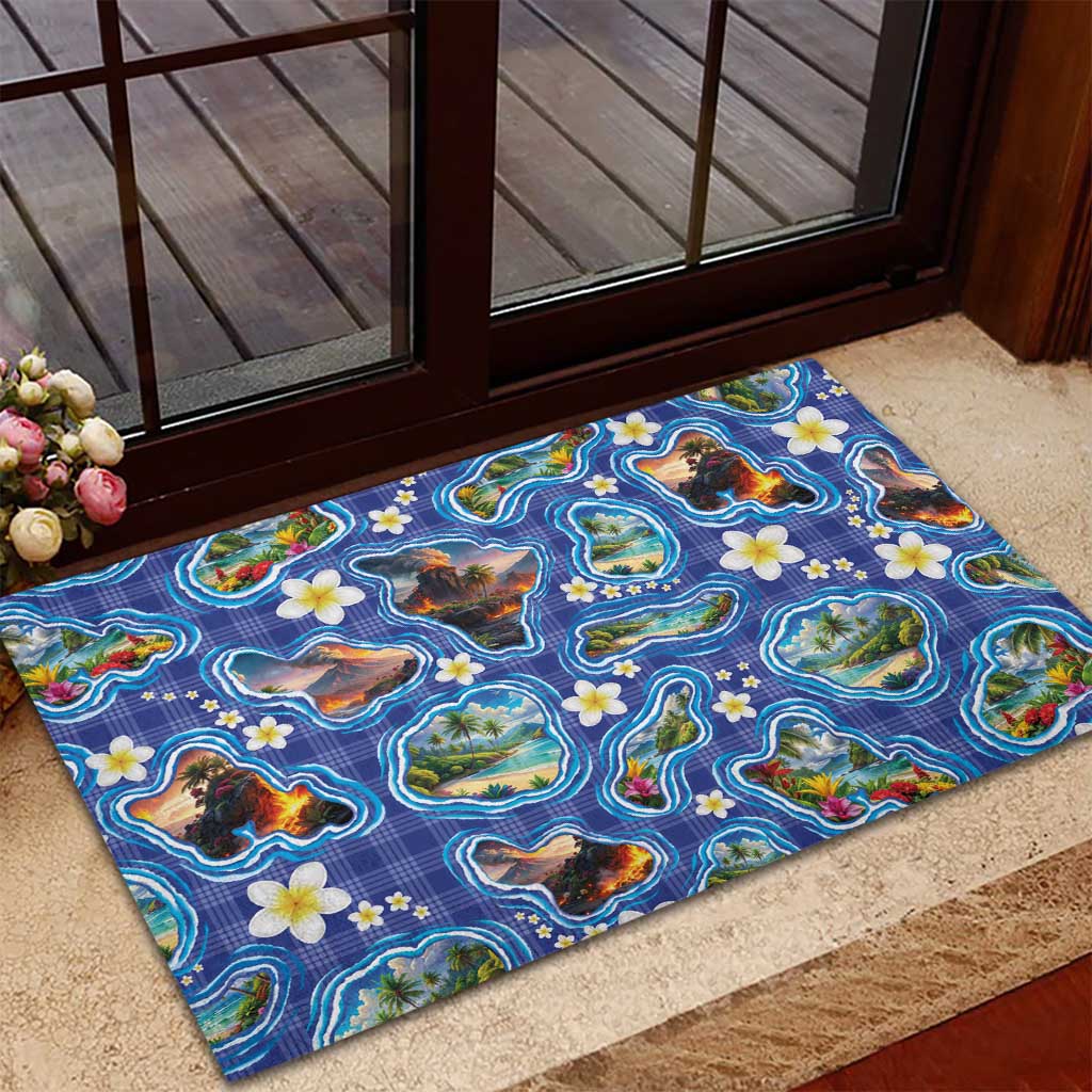 Hawaiian Island Shapes-Iconic Landscape Rubber Doormat with Plumeria and Palaka Blue Color