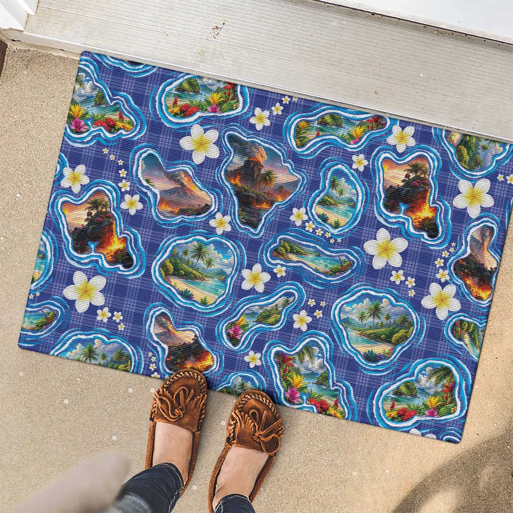 Hawaiian Island Shapes-Iconic Landscape Rubber Doormat with Plumeria and Palaka Blue Color