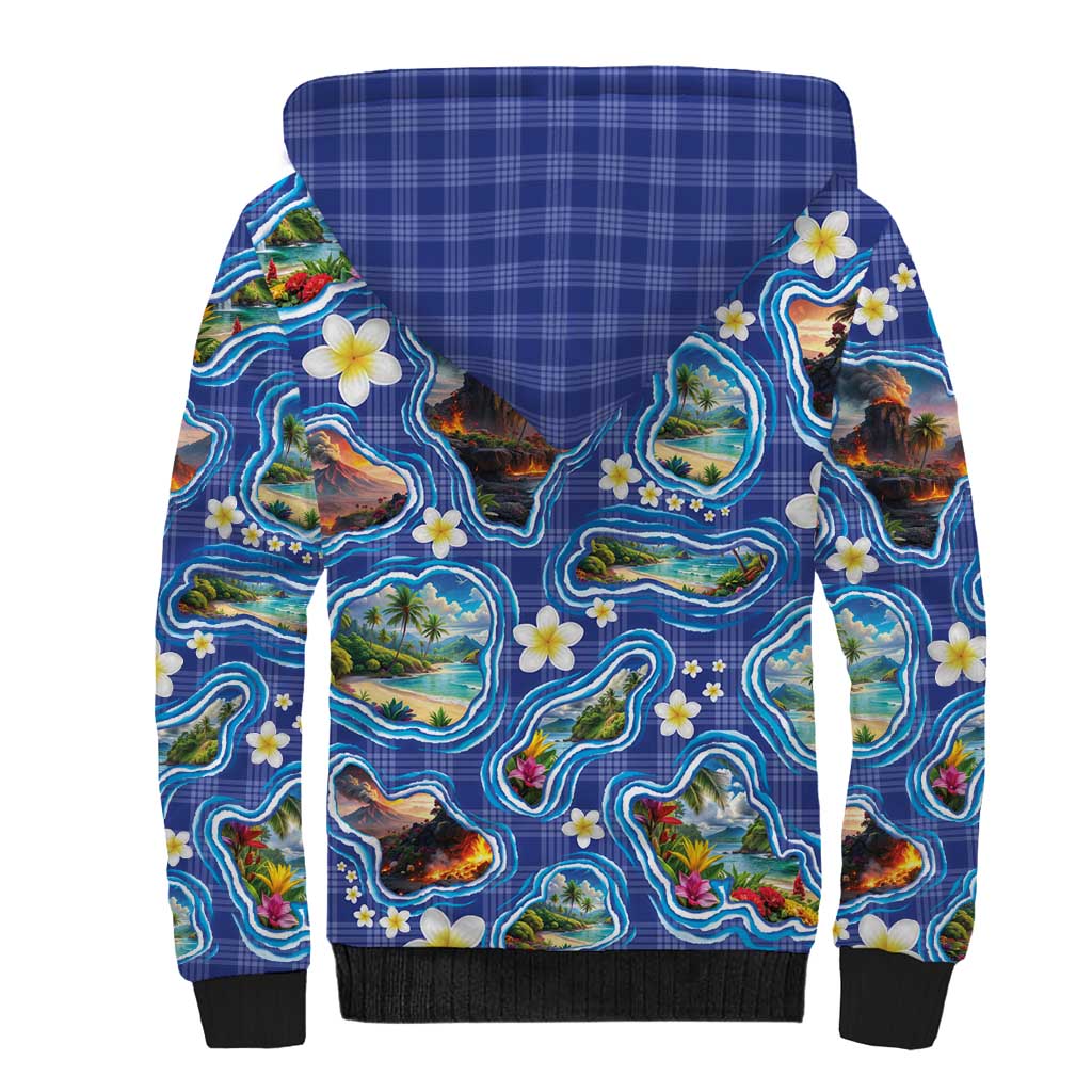 Hawaiian Island Shapes-Iconic Landscape Sherpa Hoodie with Plumeria and Palaka Blue Color LT03 - Polynesian Pride