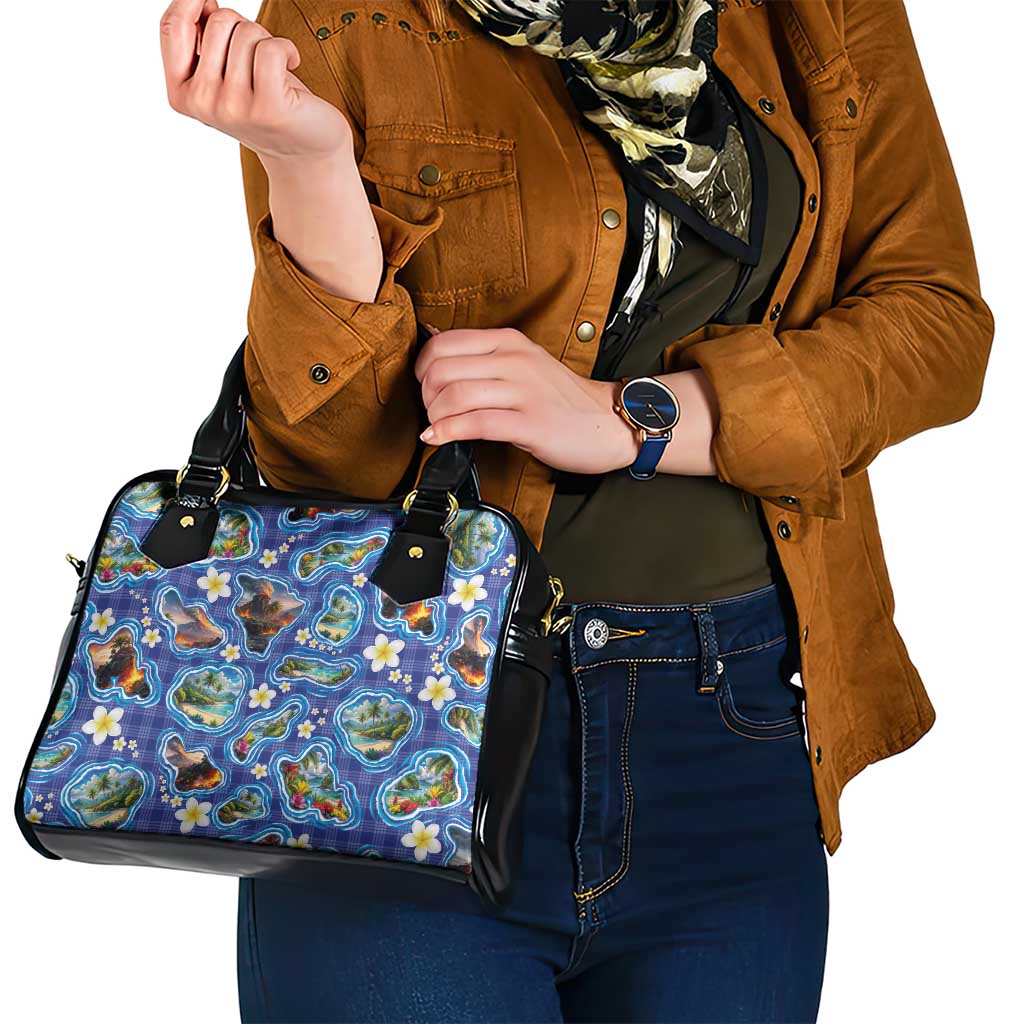 Hawaiian Island Shapes-Iconic Landscape Shoulder Handbag with Plumeria and Palaka Blue Color