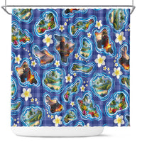 Hawaiian Island Shapes-Iconic Landscape Shower Curtain with Plumeria and Palaka Blue Color