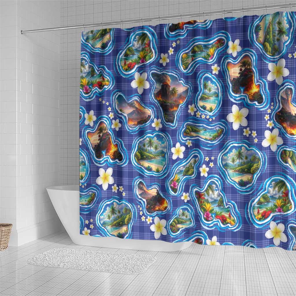 Hawaiian Island Shapes-Iconic Landscape Shower Curtain with Plumeria and Palaka Blue Color