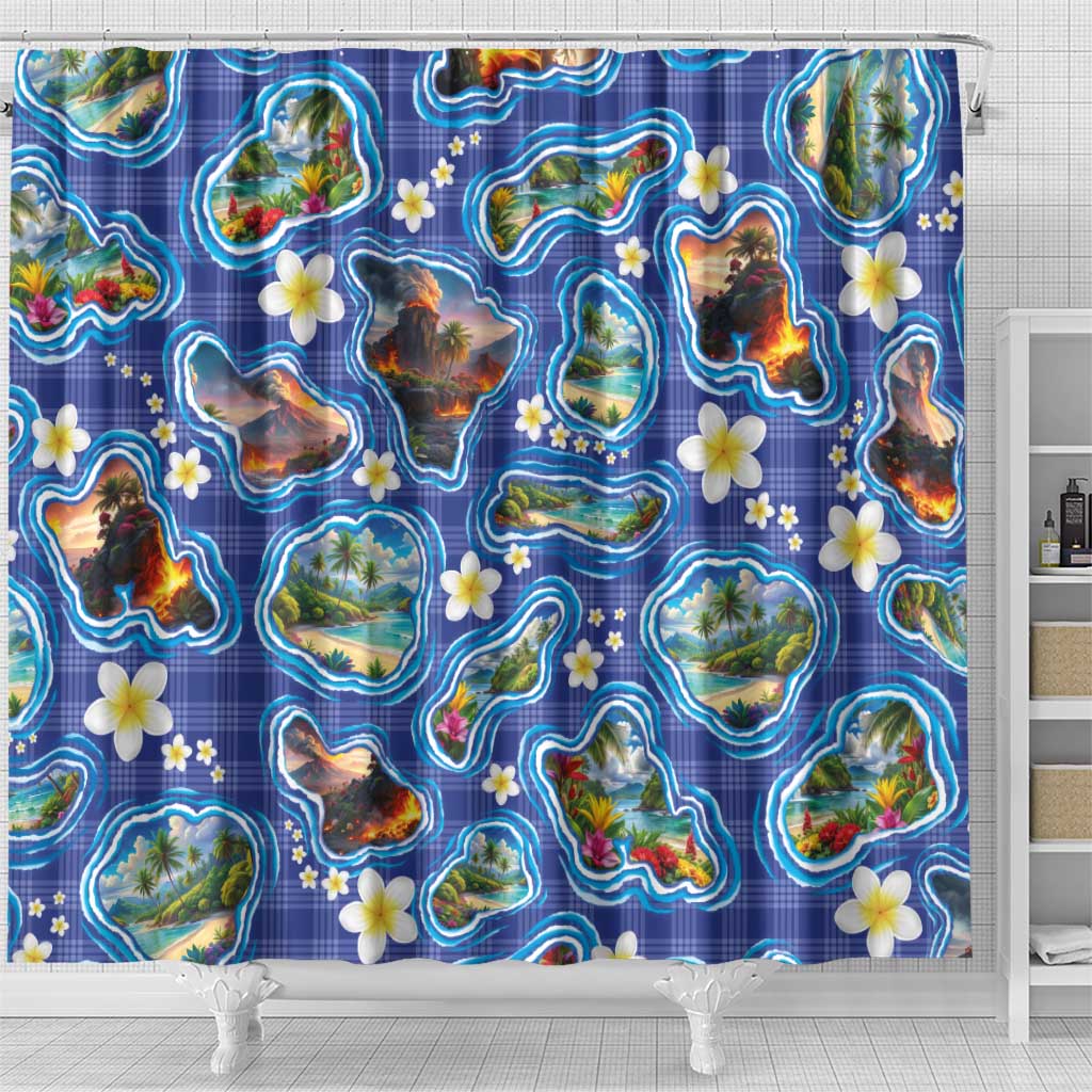 Hawaiian Island Shapes-Iconic Landscape Shower Curtain with Plumeria and Palaka Blue Color