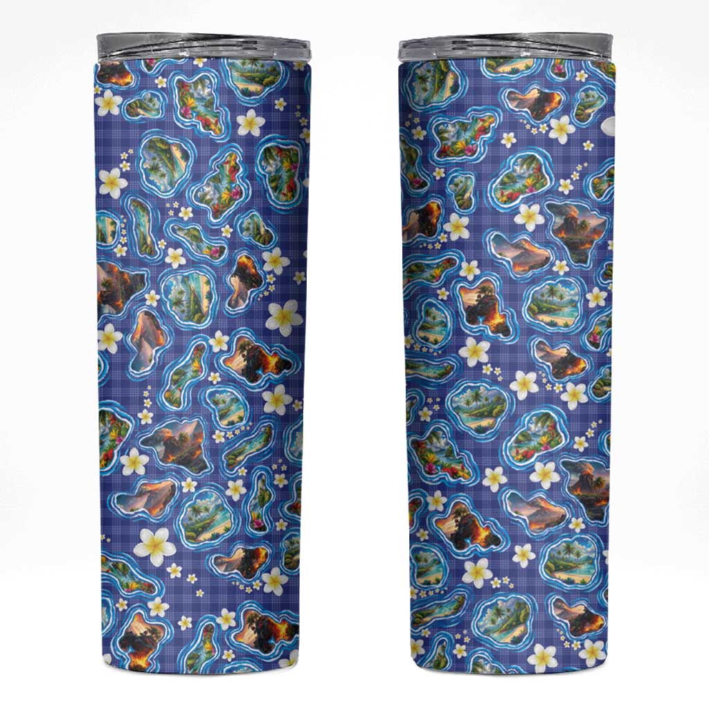 Hawaiian Island Shapes-Iconic Landscape Skinny Tumbler with Plumeria and Palaka Blue Color LT03 Blue - Polynesian Pride