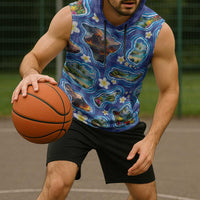 Hawaiian Island Shapes-Iconic Landscape Sleeveless Hoodie with Plumeria and Palaka Blue Color LT03 - Polynesian Pride
