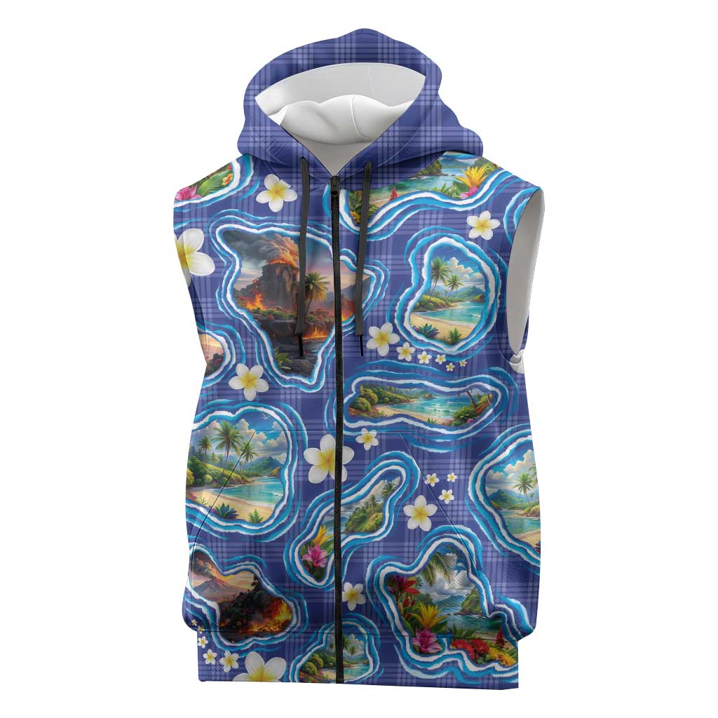 Hawaiian Island Shapes-Iconic Landscape Sleeveless Zip Hoodie with Plumeria and Palaka Blue Color LT03 Blue - Polynesian Pride