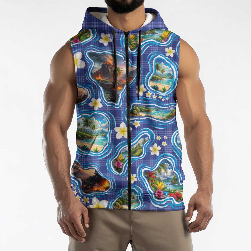 Hawaiian Island Shapes-Iconic Landscape Sleeveless Zip Hoodie with Plumeria and Palaka Blue Color LT03 - Polynesian Pride