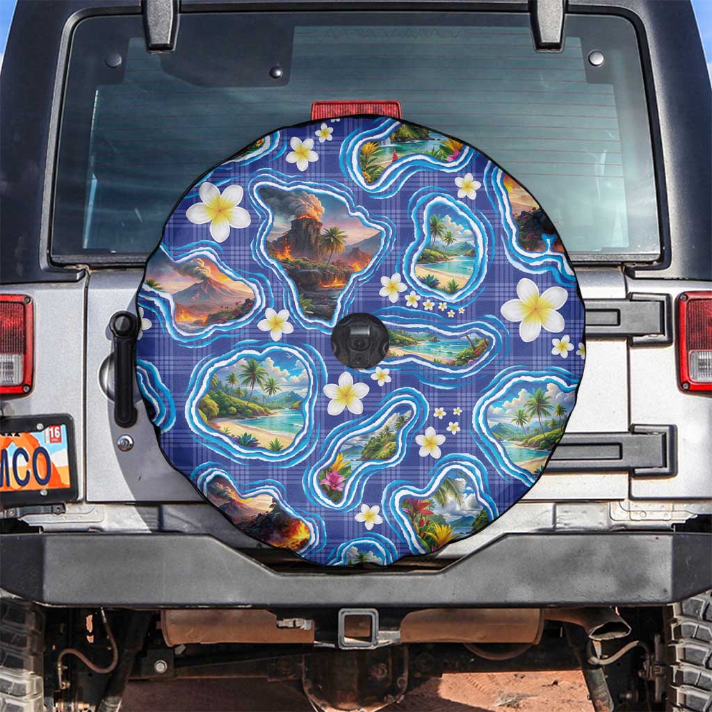 Hawaiian Island Shapes-Iconic Landscape Spare Tire Cover with Plumeria and Palaka Blue Color LT03 Blue - Polynesian Pride