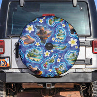 Hawaiian Island Shapes-Iconic Landscape Spare Tire Cover with Plumeria and Palaka Blue Color LT03 Blue - Polynesian Pride