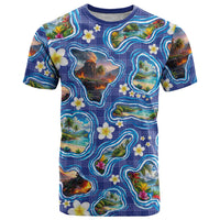 Hawaiian Island Shapes-Iconic Landscape T Shirt with Plumeria and Palaka Blue Color