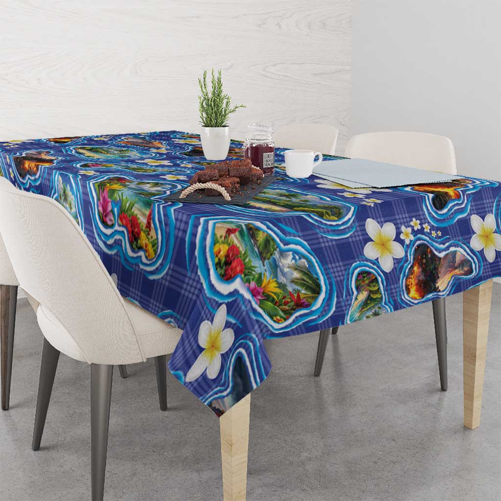 Hawaiian Island Shapes-Iconic Landscape Tablecloth with Plumeria and Palaka Blue Color