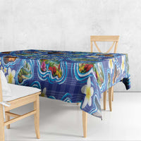 Hawaiian Island Shapes-Iconic Landscape Tablecloth with Plumeria and Palaka Blue Color