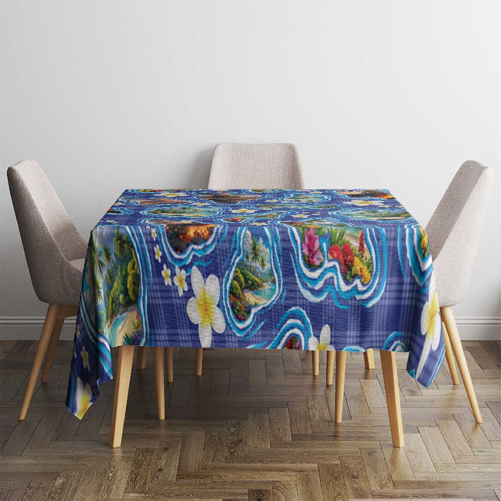 Hawaiian Island Shapes-Iconic Landscape Tablecloth with Plumeria and Palaka Blue Color