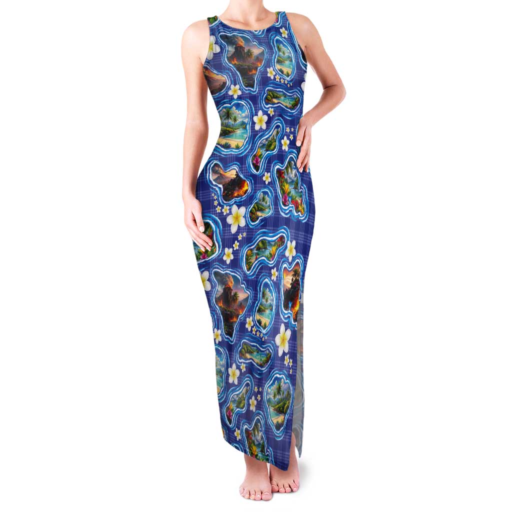 Hawaiian Island Shapes-Iconic Landscape Tank Maxi Dress with Plumeria and Palaka Blue Color