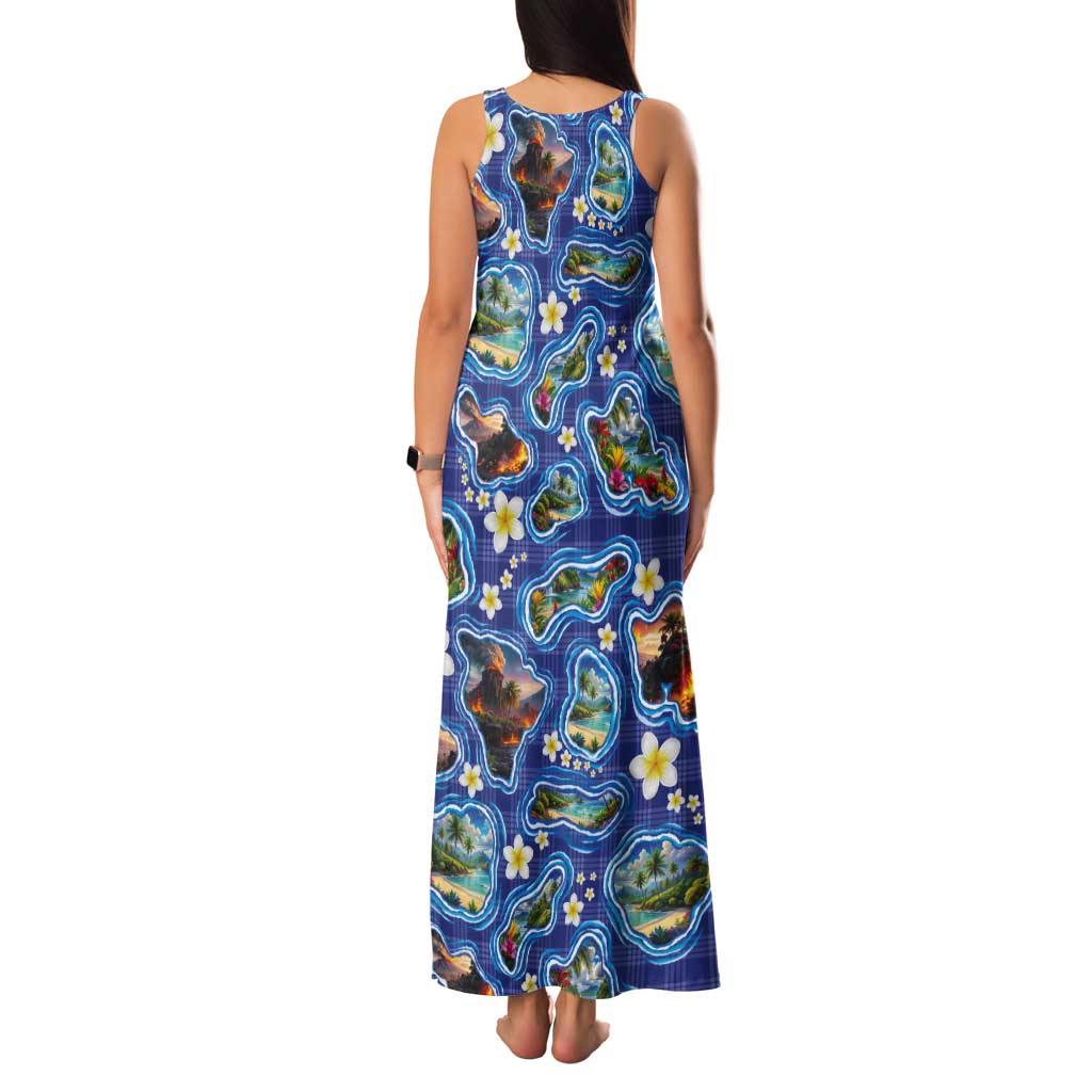 Hawaiian Island Shapes-Iconic Landscape Tank Maxi Dress with Plumeria and Palaka Blue Color LT03 - Polynesian Pride