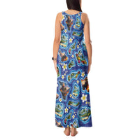 Hawaiian Island Shapes-Iconic Landscape Tank Maxi Dress with Plumeria and Palaka Blue Color LT03 - Polynesian Pride