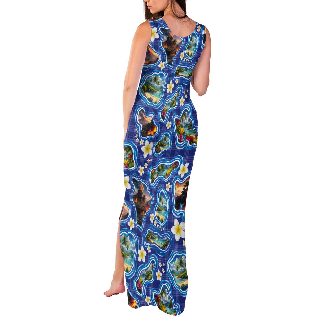 Hawaiian Island Shapes-Iconic Landscape Tank Maxi Dress with Plumeria and Palaka Blue Color LT03 - Polynesian Pride