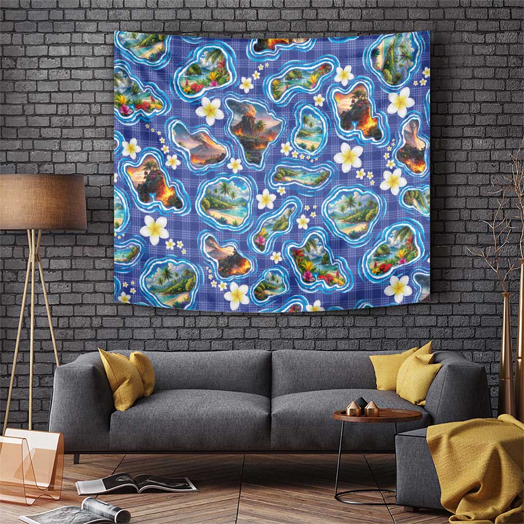 Hawaiian Island Shapes-Iconic Landscape Tapestry with Plumeria and Palaka Blue Color