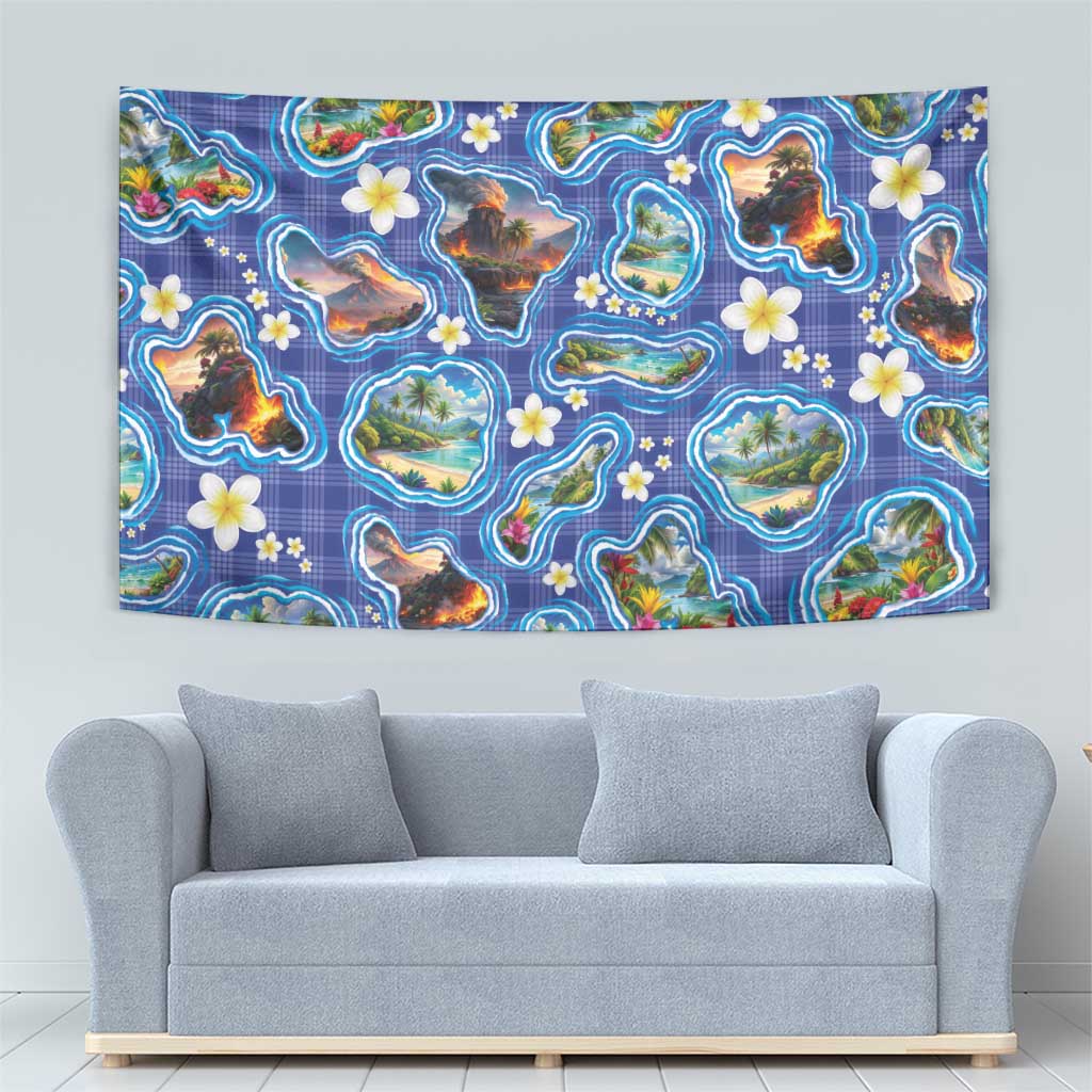 Hawaiian Island Shapes-Iconic Landscape Tapestry with Plumeria and Palaka Blue Color