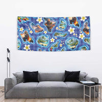 Hawaiian Island Shapes-Iconic Landscape Tapestry with Plumeria and Palaka Blue Color