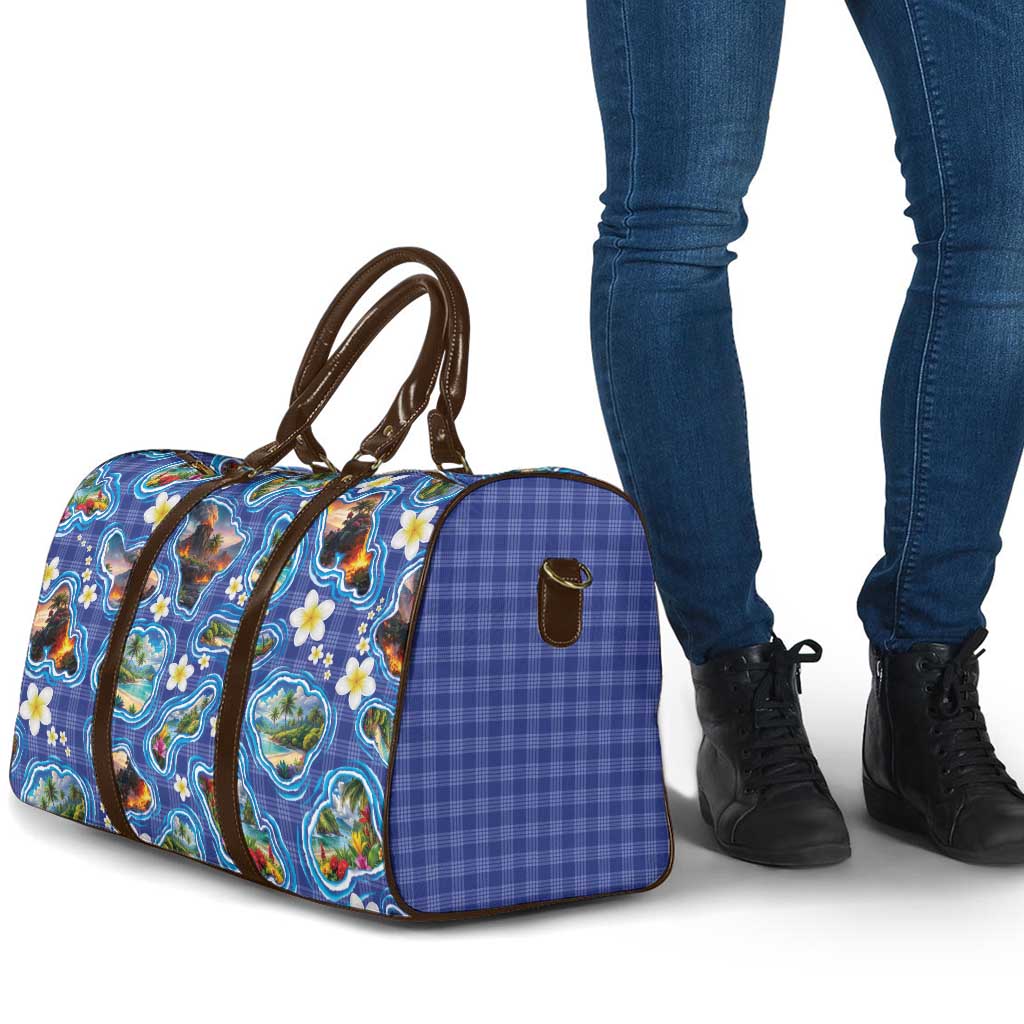 Hawaiian Island Shapes-Iconic Landscape Travel Bag with Plumeria and Palaka Blue Color