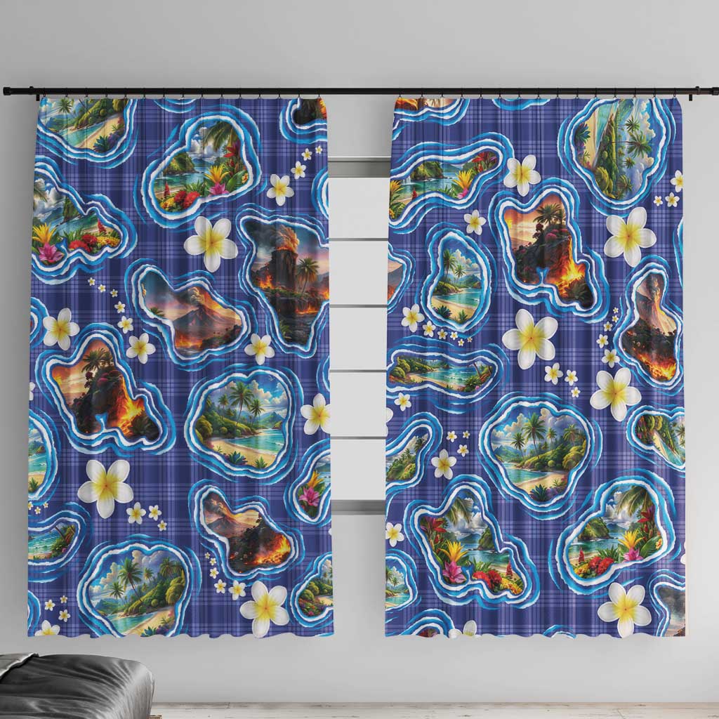 Hawaiian Island Shapes-Iconic Landscape Window Curtain with Plumeria and Palaka Blue Color