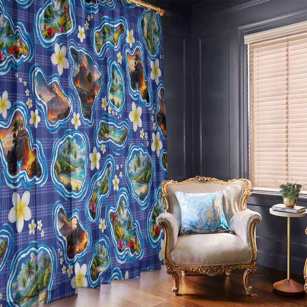 Hawaiian Island Shapes-Iconic Landscape Window Curtain with Plumeria and Palaka Blue Color