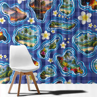 Hawaiian Island Shapes-Iconic Landscape Window Curtain with Plumeria and Palaka Blue Color