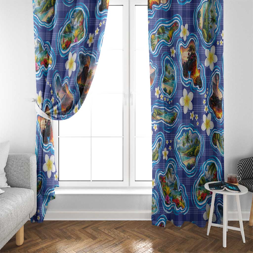 Hawaiian Island Shapes-Iconic Landscape Window Curtain with Plumeria and Palaka Blue Color