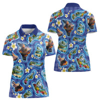 Hawaiian Island Shapes-Iconic Landscape Women Polo Shirt with Plumeria and Palaka Blue Color LT03 - Polynesian Pride