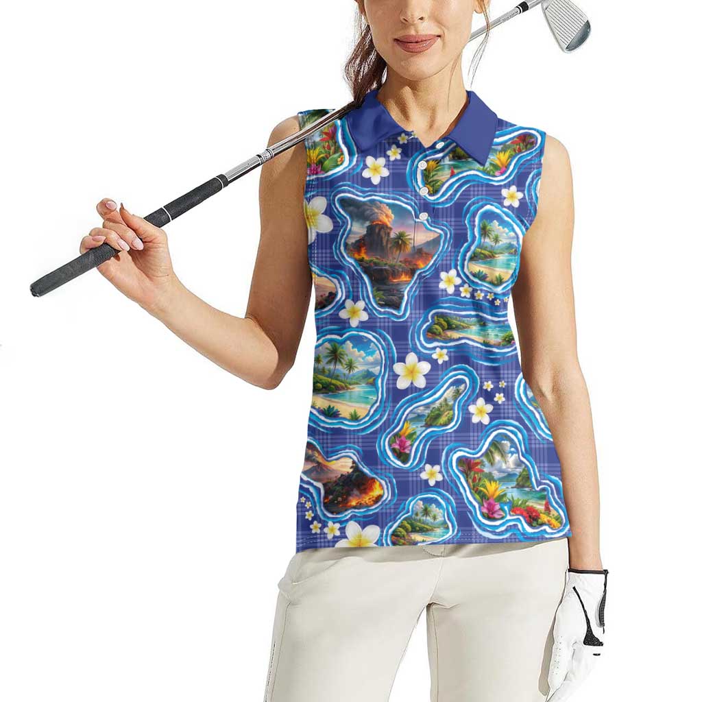 Hawaiian Island Shapes-Iconic Landscape Women Sleeveless Polo Shirt with Plumeria and Palaka Blue Color LT03 - Polynesian Pride