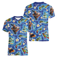 Hawaiian Island Shapes-Iconic Landscape Women V-Neck T-Shirt with Plumeria and Palaka Blue Color LT03 - Polynesian Pride