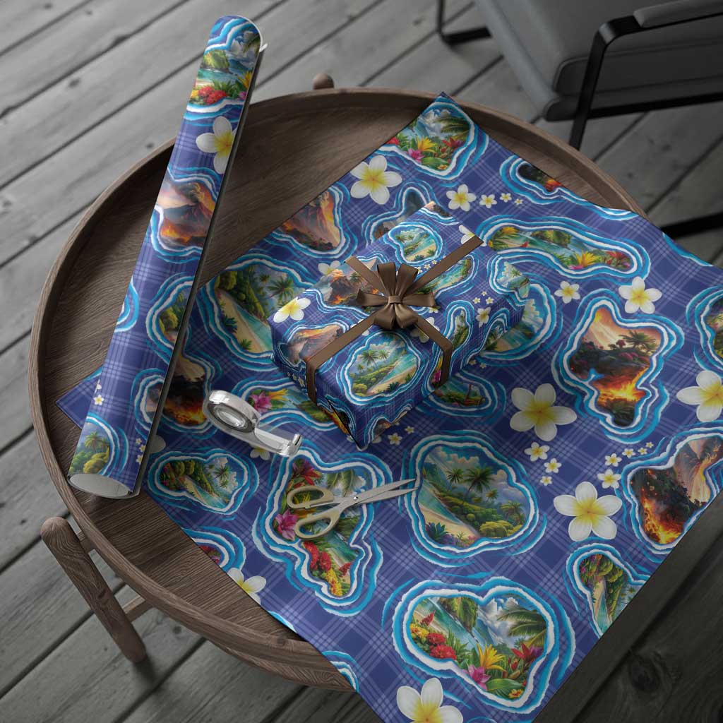 Hawaiian Island Shapes-Iconic Landscape Wrapping Paper with Plumeria and Palaka Blue Color