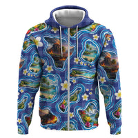 Hawaiian Island Shapes-Iconic Landscape Zip Hoodie with Plumeria and Palaka Blue Color