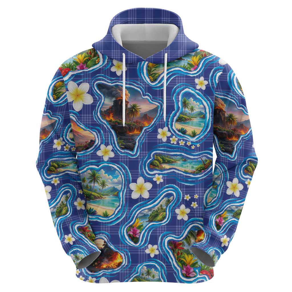 Hawaiian Island Shapes-Iconic Landscape Zip Hoodie with Plumeria and Palaka Blue Color
