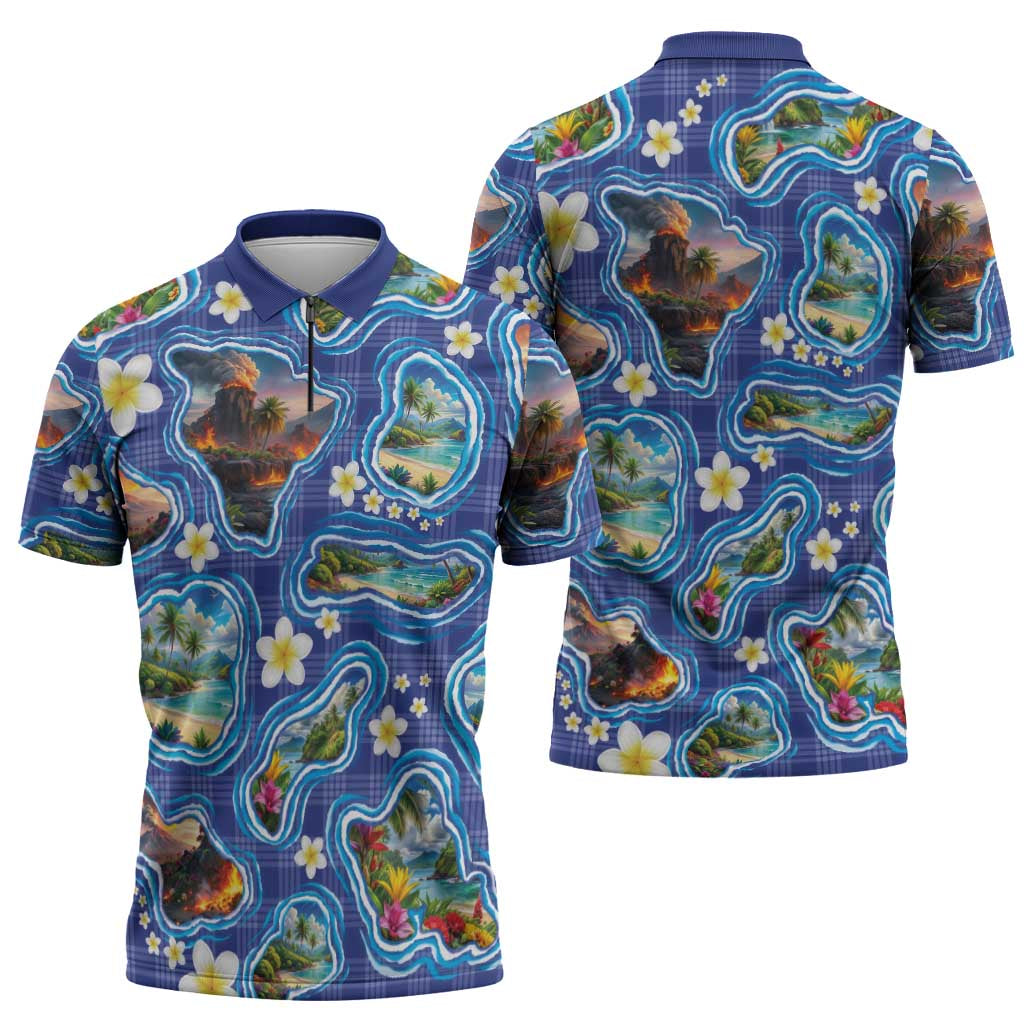 Hawaiian Island Shapes-Iconic Landscape Zipper Polo Shirt with Plumeria and Palaka Blue Color LT03 - Polynesian Pride