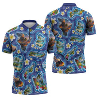 Hawaiian Island Shapes-Iconic Landscape Zipper Polo Shirt with Plumeria and Palaka Blue Color LT03 - Polynesian Pride