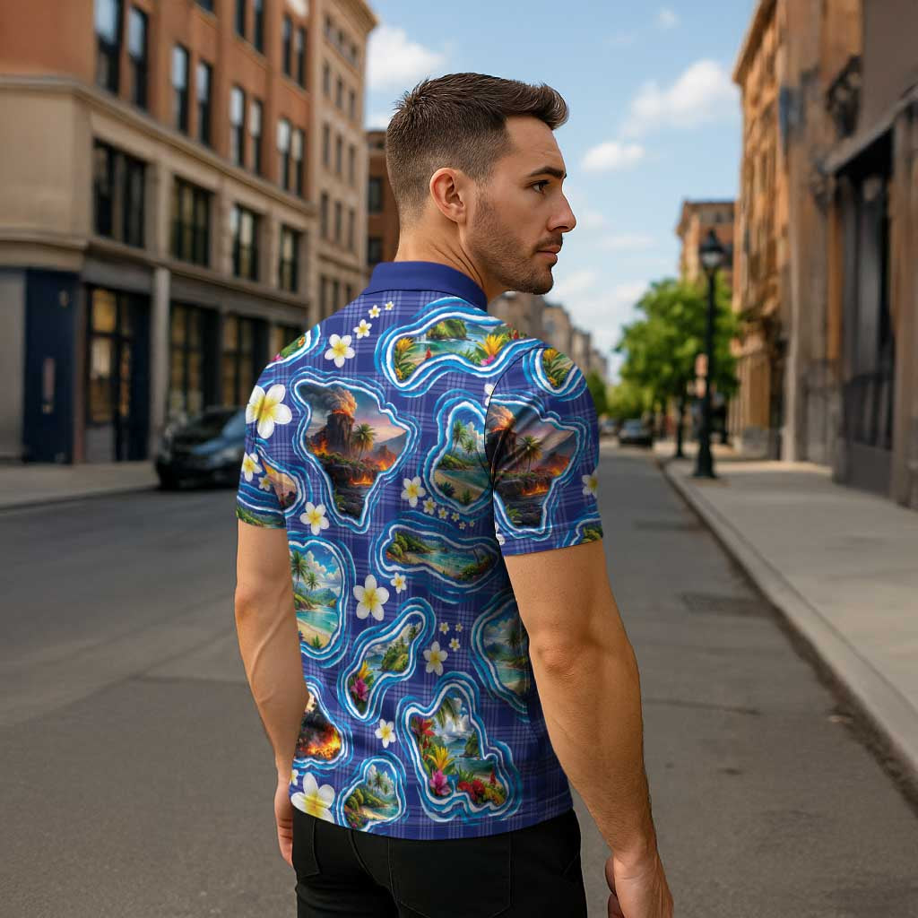 Hawaiian Island Shapes-Iconic Landscape Zipper Polo Shirt with Plumeria and Palaka Blue Color LT03 - Polynesian Pride