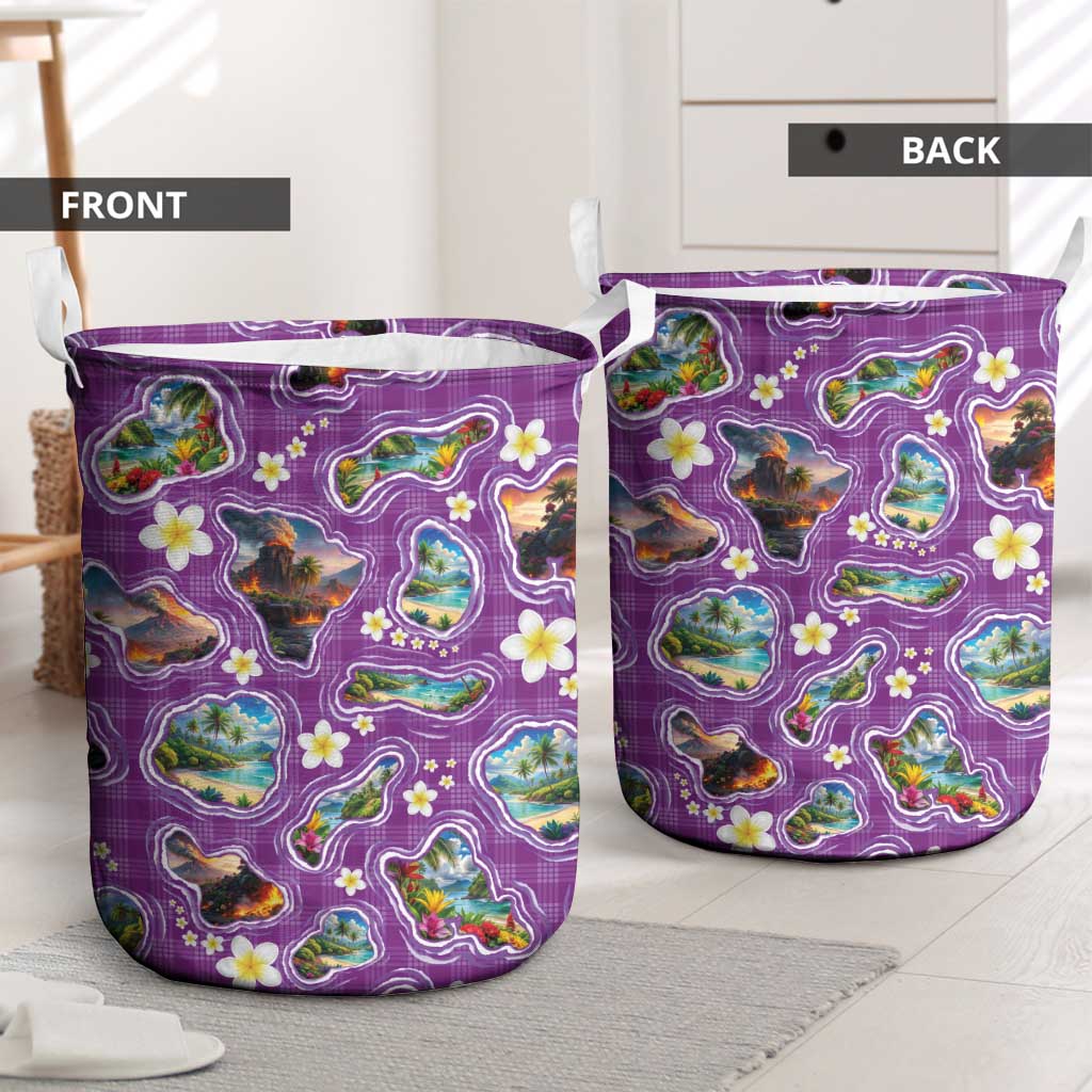 Hawaiian Island Shapes-Iconic Landscape Laundry Basket with Plumeria and Palaka Purple Color