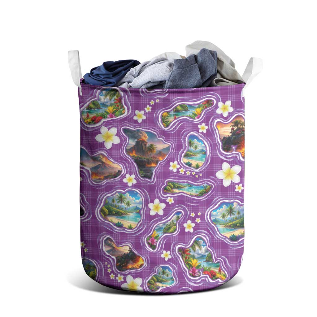 Hawaiian Island Shapes-Iconic Landscape Laundry Basket with Plumeria and Palaka Purple Color