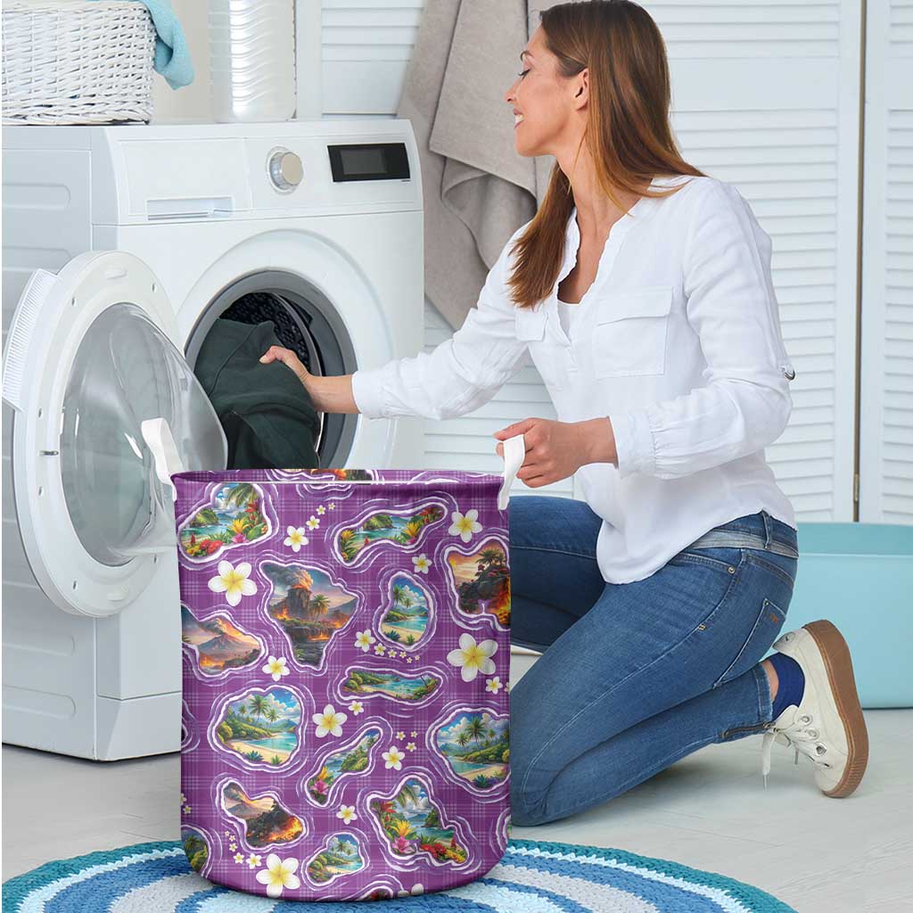 Hawaiian Island Shapes-Iconic Landscape Laundry Basket with Plumeria and Palaka Purple Color