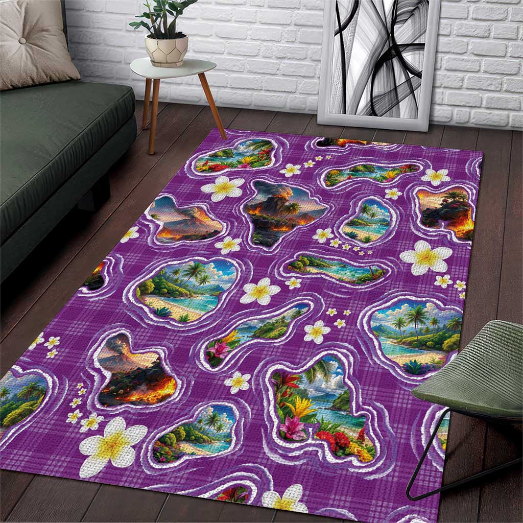 Hawaiian Island Shapes-Iconic Landscape Area Rug with Plumeria and Palaka Purple Color