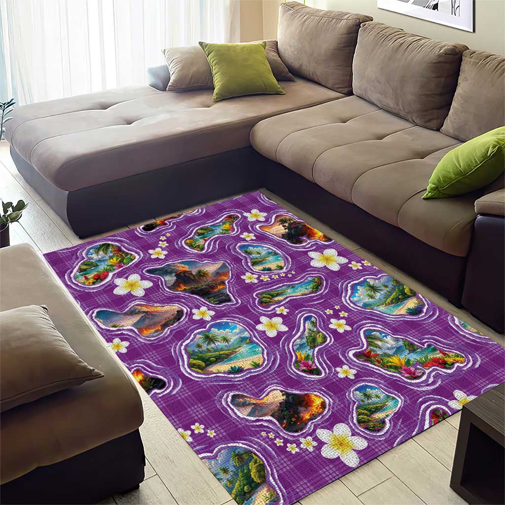 Hawaiian Island Shapes-Iconic Landscape Area Rug with Plumeria and Palaka Purple Color